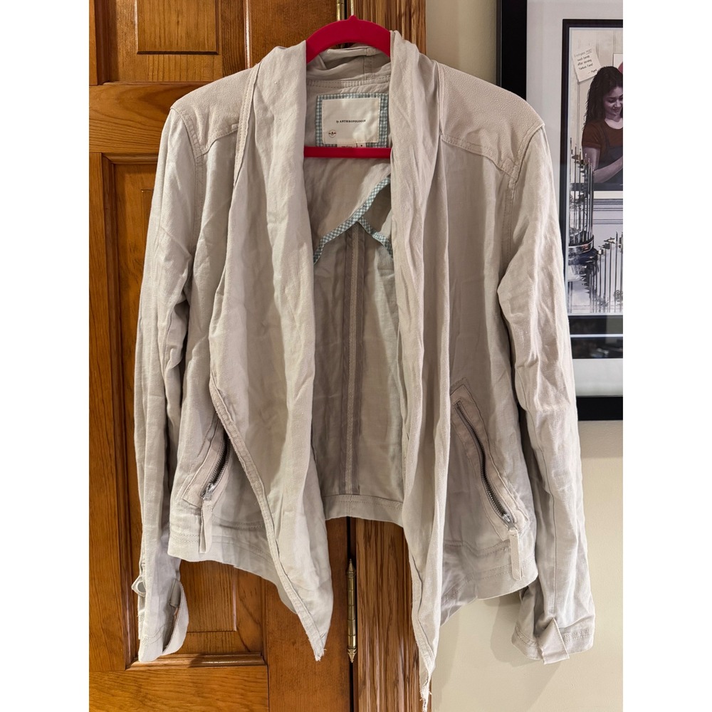 Anthropologie Linen Blend Draped Open Front Jacket Beige Tan Size M Waterfall‎